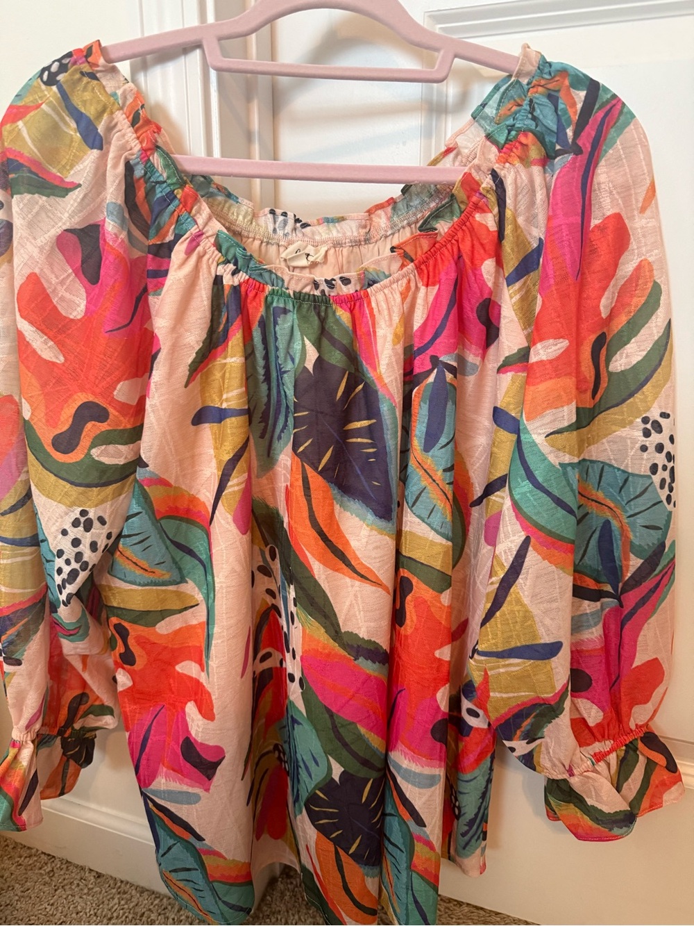 Ott ladies L Multicolor Tropical pullover Blouse with Elastic Neckline. Lined